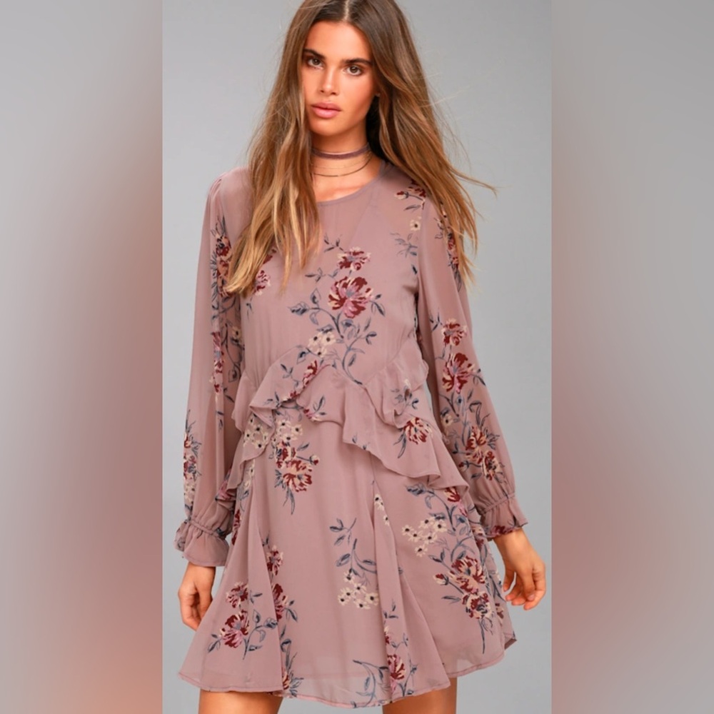 ASTR the Label Heather Mauve Floral Print Long Sleeve Sheer Ruffle Small Dress